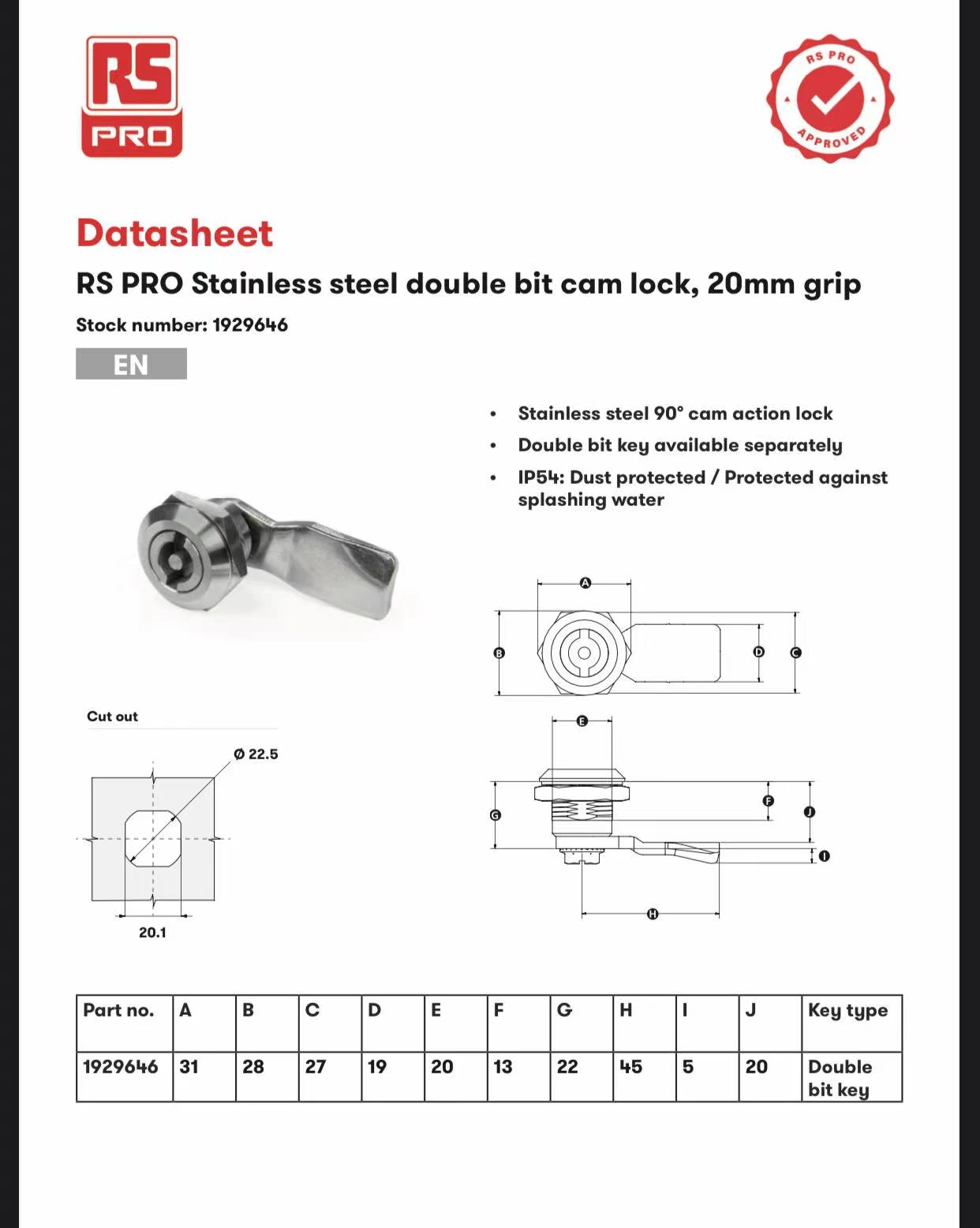 Part No.1929646 Lock Panel to Tongue 20mm